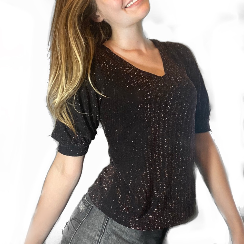 H&M  V neck blouse black with orange sparkles